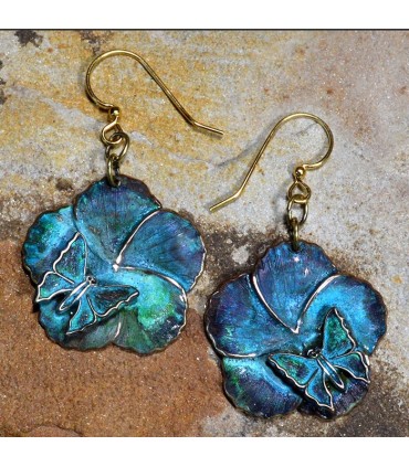 Verdigris Patina Brass Asian Delight Butterfly and Flower Earrings