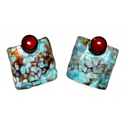 Verdigris Patina Hand Forged Brass Dimpled Square Earrings