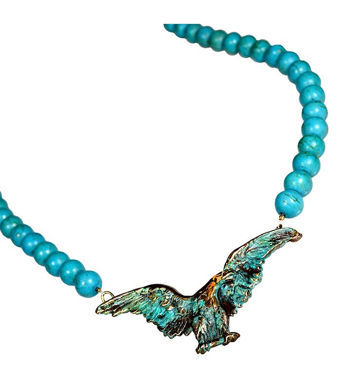Verdigris Patina Solid Brass Eagle Necklace - Turquoise