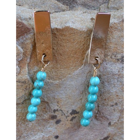 SIT 219e Silk Textured Forged Solid Brass Classic Narrow Elongated Rectangle Earrings - Turquoise