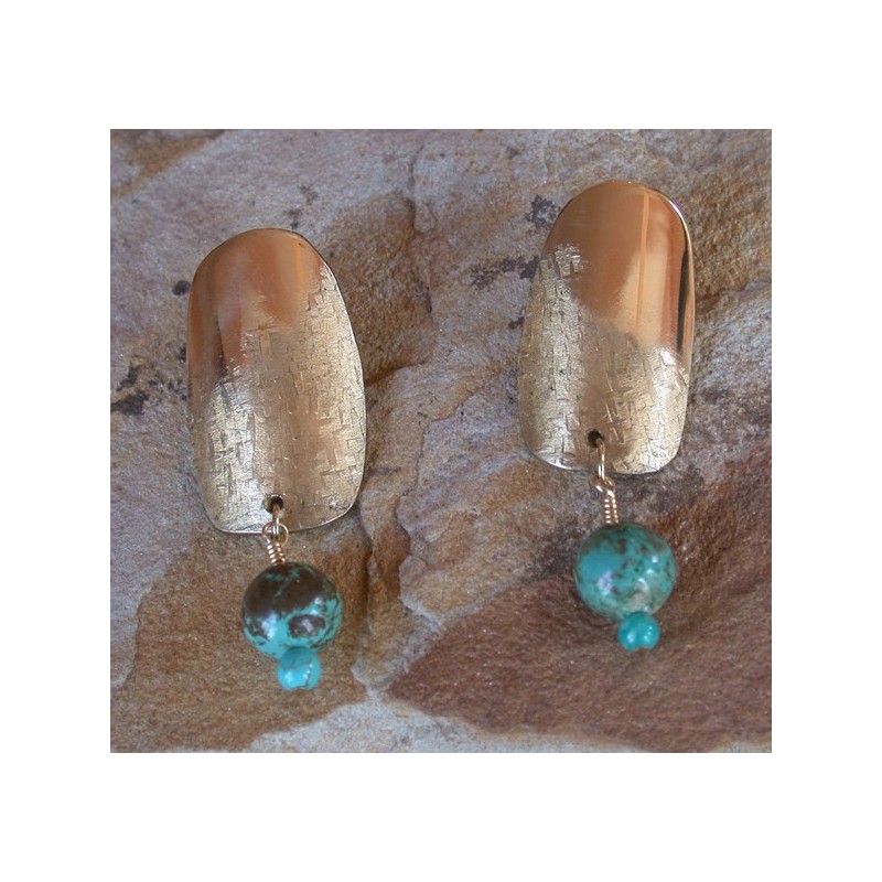 SIT 9e Silk Textured Forged Solid Brass Rounded Barrel Earrings - Turquoise SIT 9e Silk Textured Forged Solid Brass Rounded Barrel Earrings - Turquoise