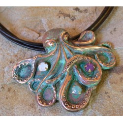 OCP492pd Verdigris Patina Solid Brass Sculptural Octopus Pendant - Opal Trilogy Crystals, Brown Rawhide