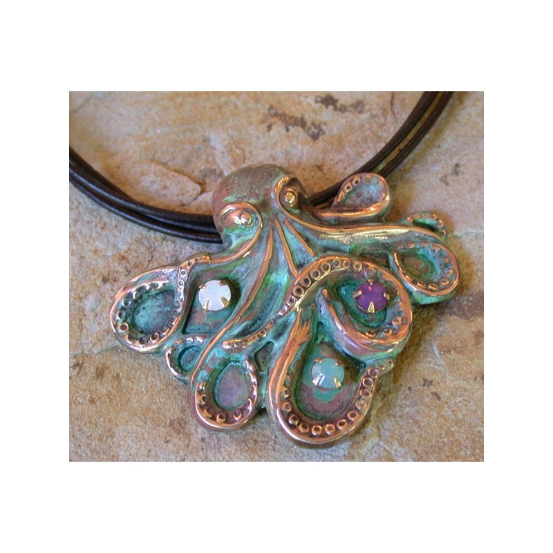 OCP492pd Verdigris Patina Solid Brass Sculptural Octopus Pendant - Opal Trilogy Crystals, Brown Rawhide OCP492pd Verdigris Patina Solid Brass Sculptural Octopus Pendant - Opal Trilogy Crystals, Brown Rawhide