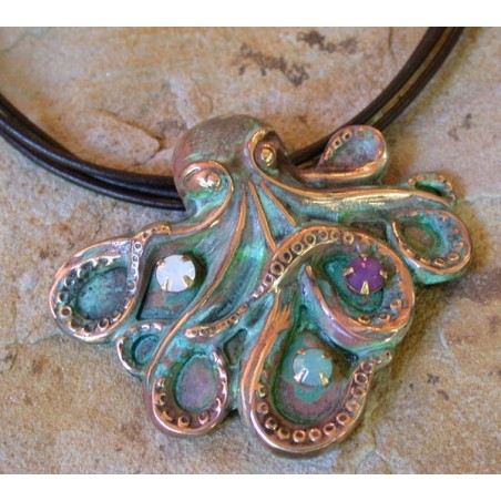 OCP492pd Verdigris Patina Solid Brass Sculptural Octopus Pendant - Opal Trilogy Crystals, Brown Rawhide