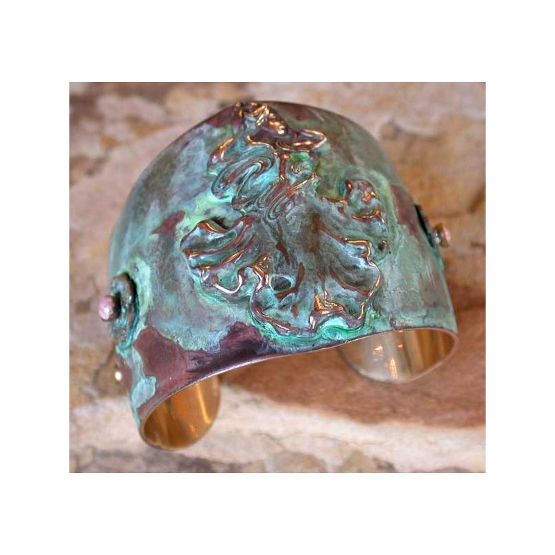 VNP130cf Verdigris Patina Solid Brass Art Nouveau Sea Sprite Dynamic Cuff - Rhodochrosite, Variscite 