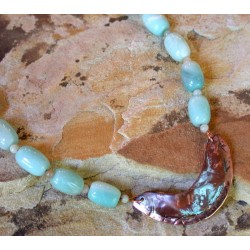 CTP 93n Marbleized Patina Copper Essence Handforged Textured Tealeaf Edge Necklace - Light Amazonite