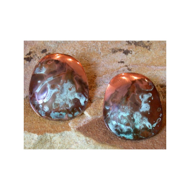 CTP 390e Marbleized Patina Copper Essence Hand  Forged Domed Oval Earrings with Textured Edge