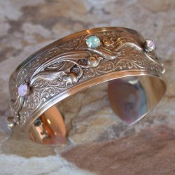 VNG1089bc  Washed Gold Solid Brass Bluebell Flowers Cuff - Opalescent Swarovski Crystals