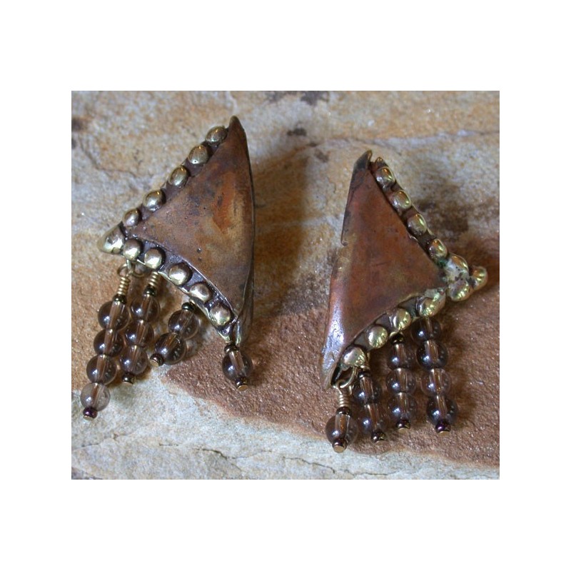 MOE72e Earth Patina Cast Brass Moors Collection Earrings - Smoked Topaz