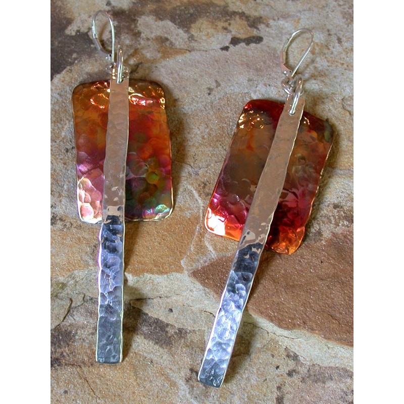 CPI 815e Copper Iridescent Art Deco Layered Rectangle and Sterling Stripe Double Dangle Earrings