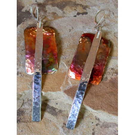 CPI 815e Copper Iridescent Art Deco Layered Rectangle and Sterling Stripe Double Dangle Earrings