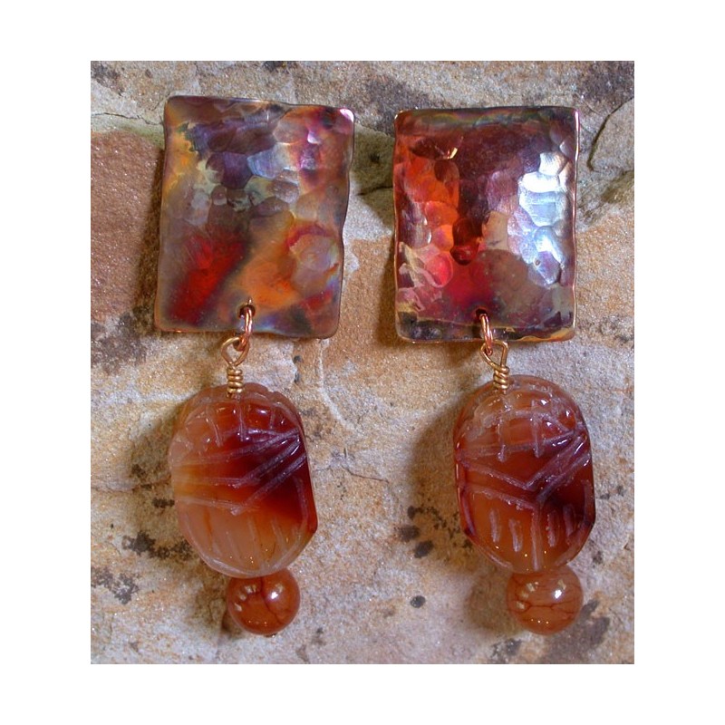 CPI 604e Forged Copper Iridescent Domed Rectangle Earring - Hand Carved Carnelian Scarab Beaded Dangles