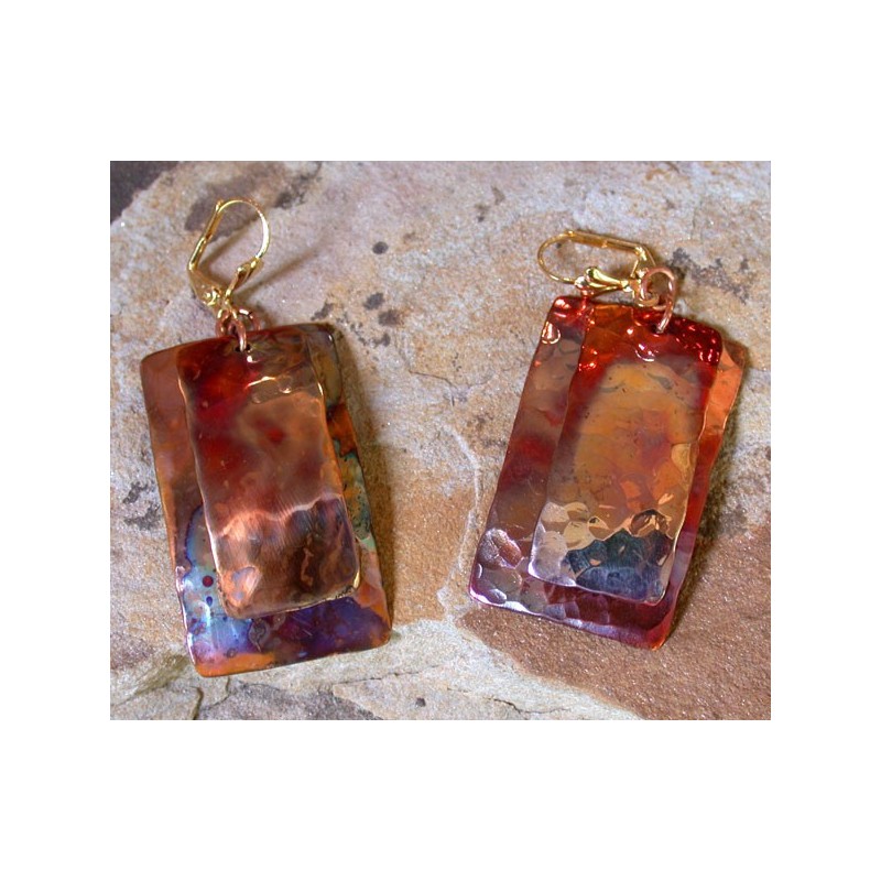 CPI 814e Hand Forged Copper Iridescent Large Domed Rectangles Double Dangle Earrings