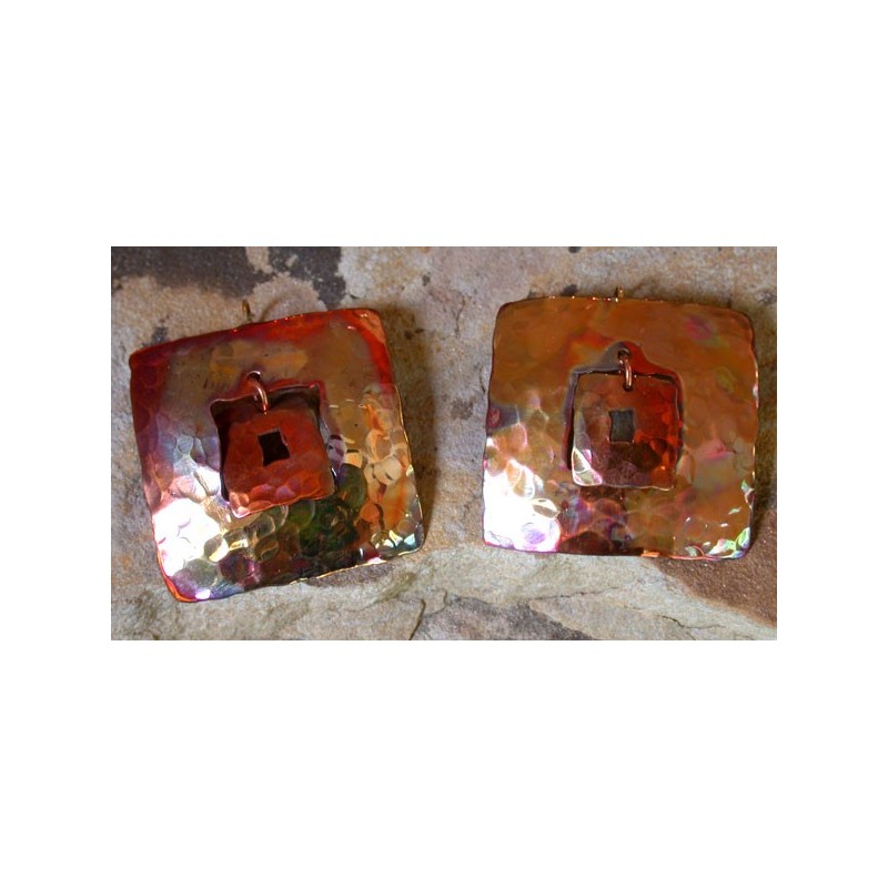 CPI 602e Hand Hammered Copper Iridescent Large Open Square within a Square Earrings