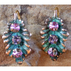 NAP410eCR  Verdigris Patina Solid Brass Leaf Earrings - Lavender, Light Vitrail Swarovski Crystals