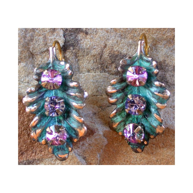 NAP410eCR  Verdigris Patina Solid Brass Leaf Earrings - Lavender, Light Vitrail Swarovski Crystals