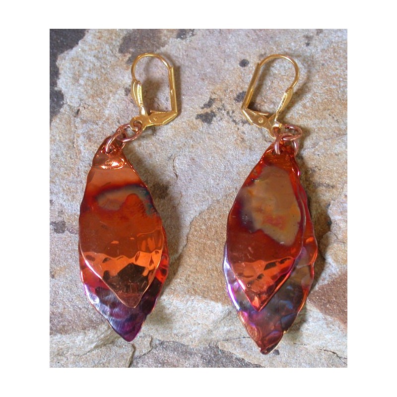 CPI 10e Copper Iridescent Abstract Leaf Double Dangle Earrings