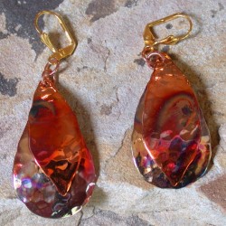 CPI 11e Forged Copper Iridescent Domed Abstract Leaf on Teardrop Double Dangle Earrings