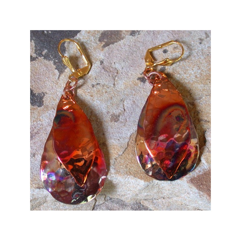 CPI 11e Forged Copper Iridescent Domed Abstract Leaf on Teardrop Double Dangle Earrings