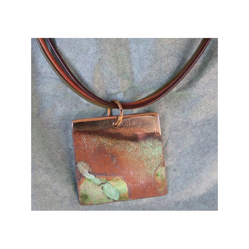 CPE 905n Etched Patina  Classic Square Pendant on Rawhide