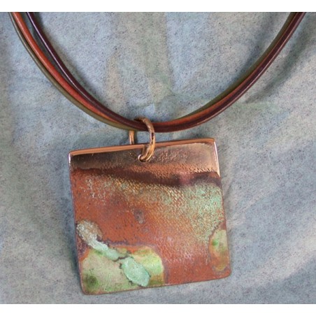 CPE 905n Etched Patina  Classic Square Pendant on Rawhide