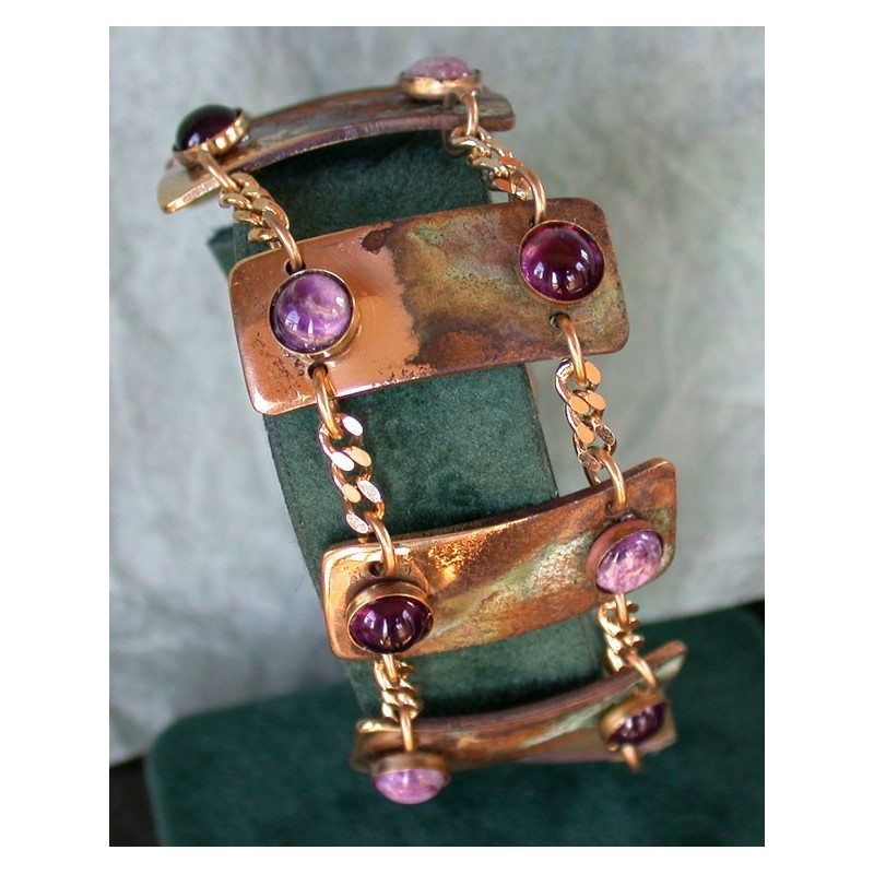 ET 208bc Etched Patina Brass Contemporary Link Bracelet - Amethyst, Charoite