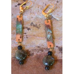 ET 101e Etched Patina Solid Brass Elongated Rectangle Dangle Earrings - Green Garnet