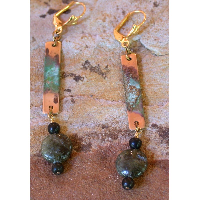 ET 101e Etched Patina Solid Brass Elongated Rectangle Dangle Earrings - Green Garnet