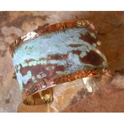 TTP 602bcSP Splash Verdigris Patina Hand forged Brass 1 1/2 Inch Wide Cuff - Textured Tealeaf Lip Detailing