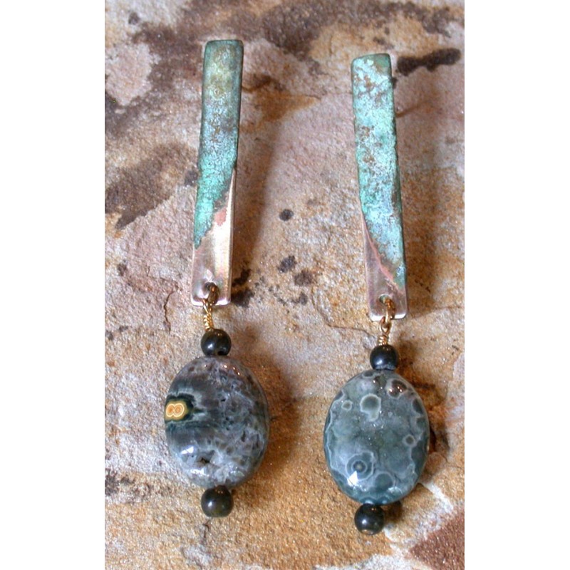 ET 229e Etched Patina Solid Brass Elongated Rectangle Earrings - Ocean Jasper