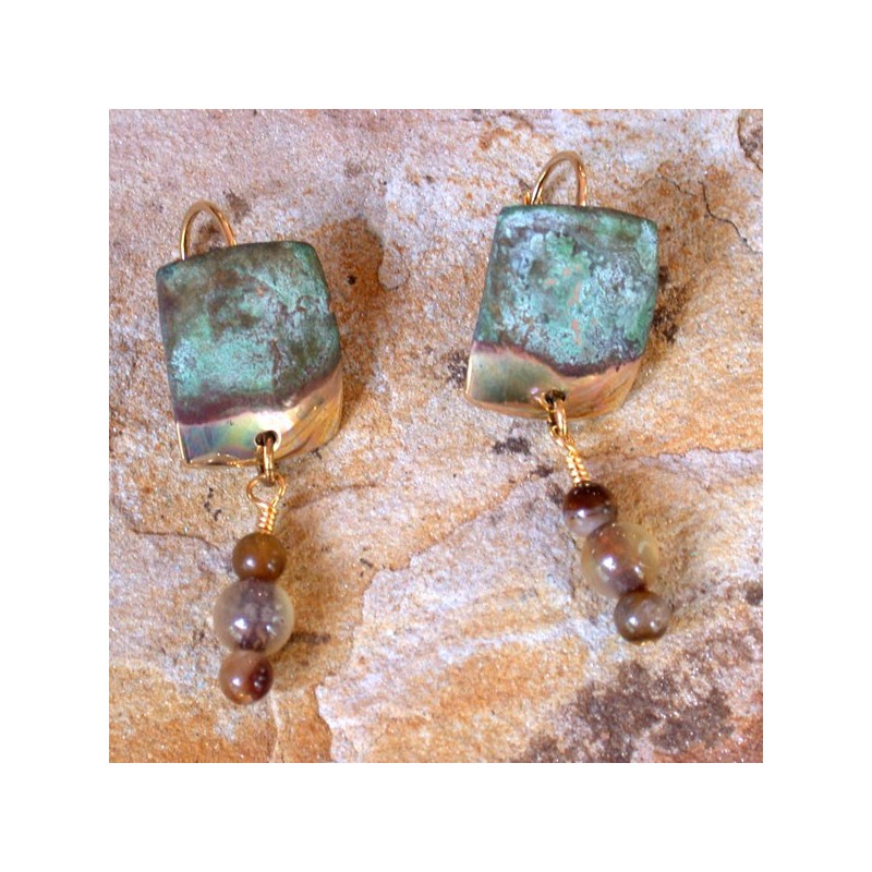 ET 4eMJ Etched Patina Brass Hand Forged Earrings with Multi-toned Jade