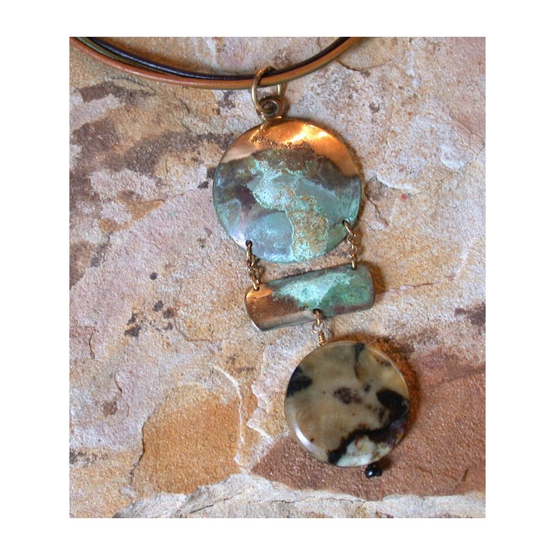ET 202pd Etched Patina Brass Hand Forged Gong and Striker Pendant - Multi-toned Jade ET 202pd Etched Patina Brass Hand Forged Gong and Striker Pendant - Multi-toned Jade