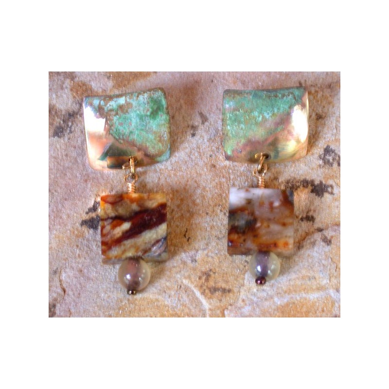 ET 396eMJ Etched Patina Brass Hand Forged Classic Domed Square Earrings with Multi-toned Jade ET 396eMJ Etched Patina Brass Hand Forged Classic Domed Square Earrings with Multi-toned Jade