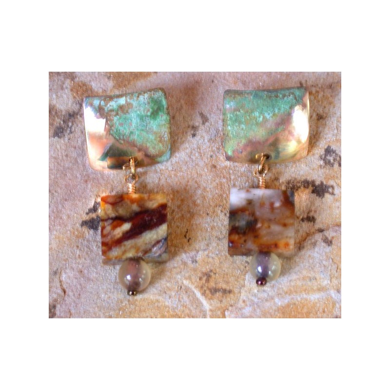 ET 396eMJ Etched Patina Brass Hand Forged Classic Domed Square Earrings with Multi-toned Jade