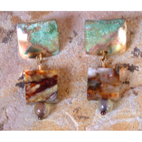 ET 396eMJ Etched Patina Brass Hand Forged Classic Domed Square Earrings with Multi-toned Jade