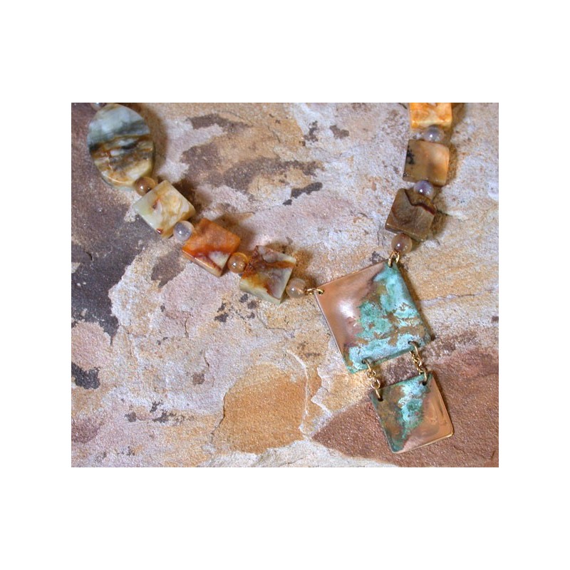 ET 402n Etched Patina Brass Hand Forged Double Square Necklace - Multi-toned Jade ET 402n Etched Patina Brass Hand Forged Double Square Necklace - Multi-toned Jade