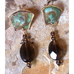 ET 222e Etched Patina Solid Brass Hand Forged Earrings - Faceted Smoked Topaz