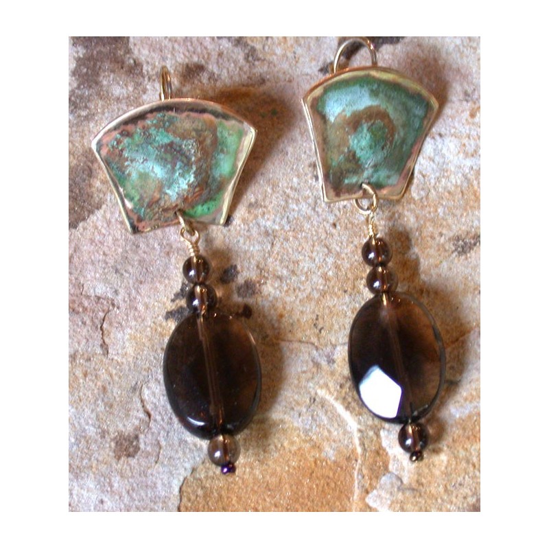 ET 222e Etched Patina Solid Brass Hand Forged Earrings - Faceted Smoked Topaz