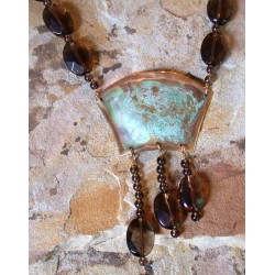 ET 220n Etched Patina Brass Hand Forged Artwear Necklace - Faceted Smoked Topaz