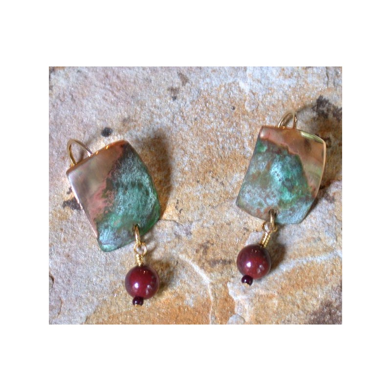 ET 4eJS Etched Patina Brass Hand Forged Earrings - Jasper