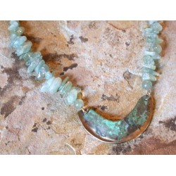 ET 93n Etched Patina Solid Brass Abstract Curve Necklace - Aquamarine