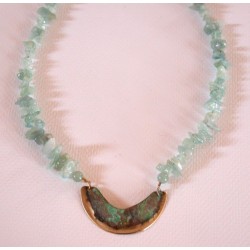 ET 93n Etched Patina Solid Brass Abstract Curve Necklace - Aquamarine