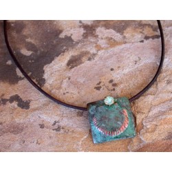 OCP119pd Verdigris Patina Solid Brass Small Scallop Shell on Square Pendant - Pale Green Opal Swarovski Crystal
