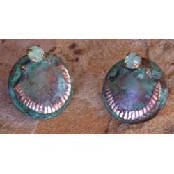 OCP19e Verdigris Patina Scallop Shell on Circle Earrings - Pacific Opal Crystals, Post