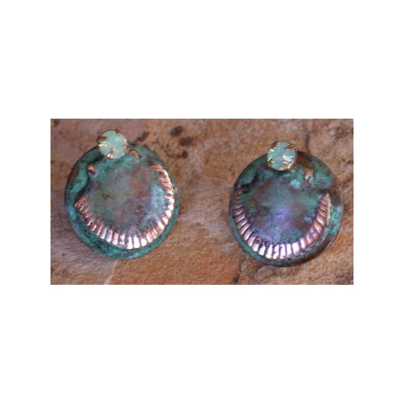 OCP19e Verdigris Patina Scallop Shell on Circle Earrings - Pacific Opal Crystals, Post