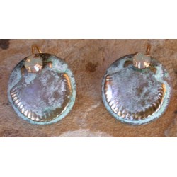 OCW19e Distressed White Patina Solid Brass Scallop Shell on Domed Circle Earrings - Opal Swarovski Crystals