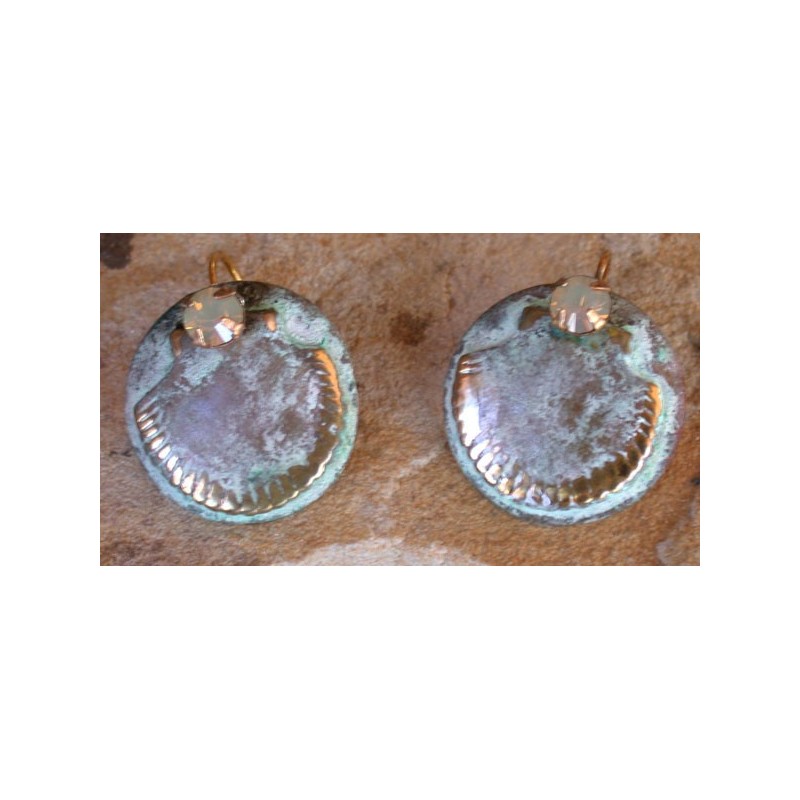 OCW19e Distressed White Patina Solid Brass Scallop Shell on Domed Circle Earrings - Opal Swarovski Crystals