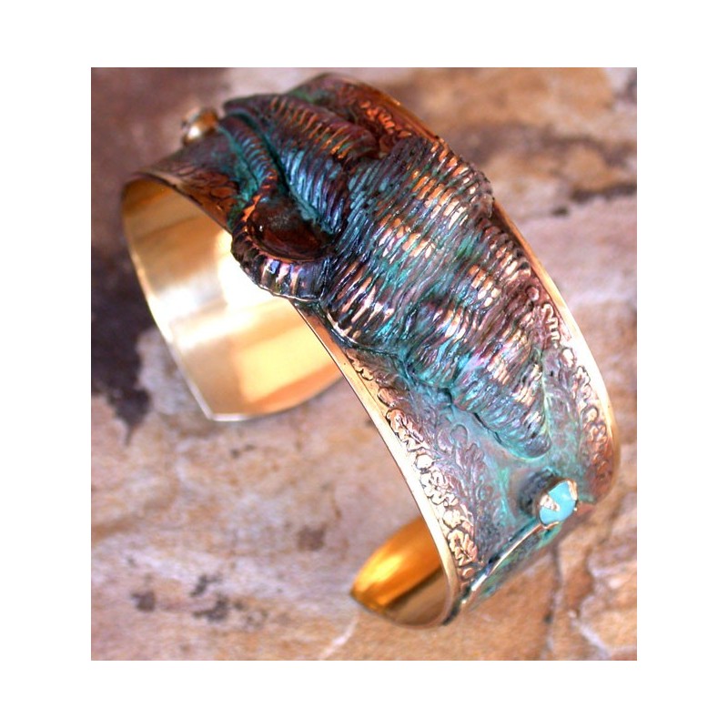 OCP989bc Verdigris Patina Brass Sculptural Conch Shell and Sand Dollars Cuff - Opal Swarovski Crystals 