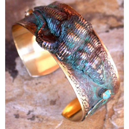 OCP989bc Verdigris Patina Brass Sculptural Conch Shell and Sand Dollars Cuff - Opal Swarovski Crystals 