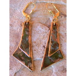 ET 909e Etched Patina Solid Brass Overlapping Abstract Asymmetrical Dangle Earrings